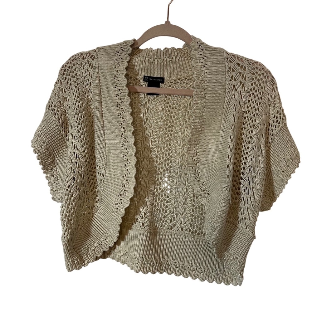 New Directions Crochet Knit Shrug Size S Cottagecore Scalloped Tan Cardigan